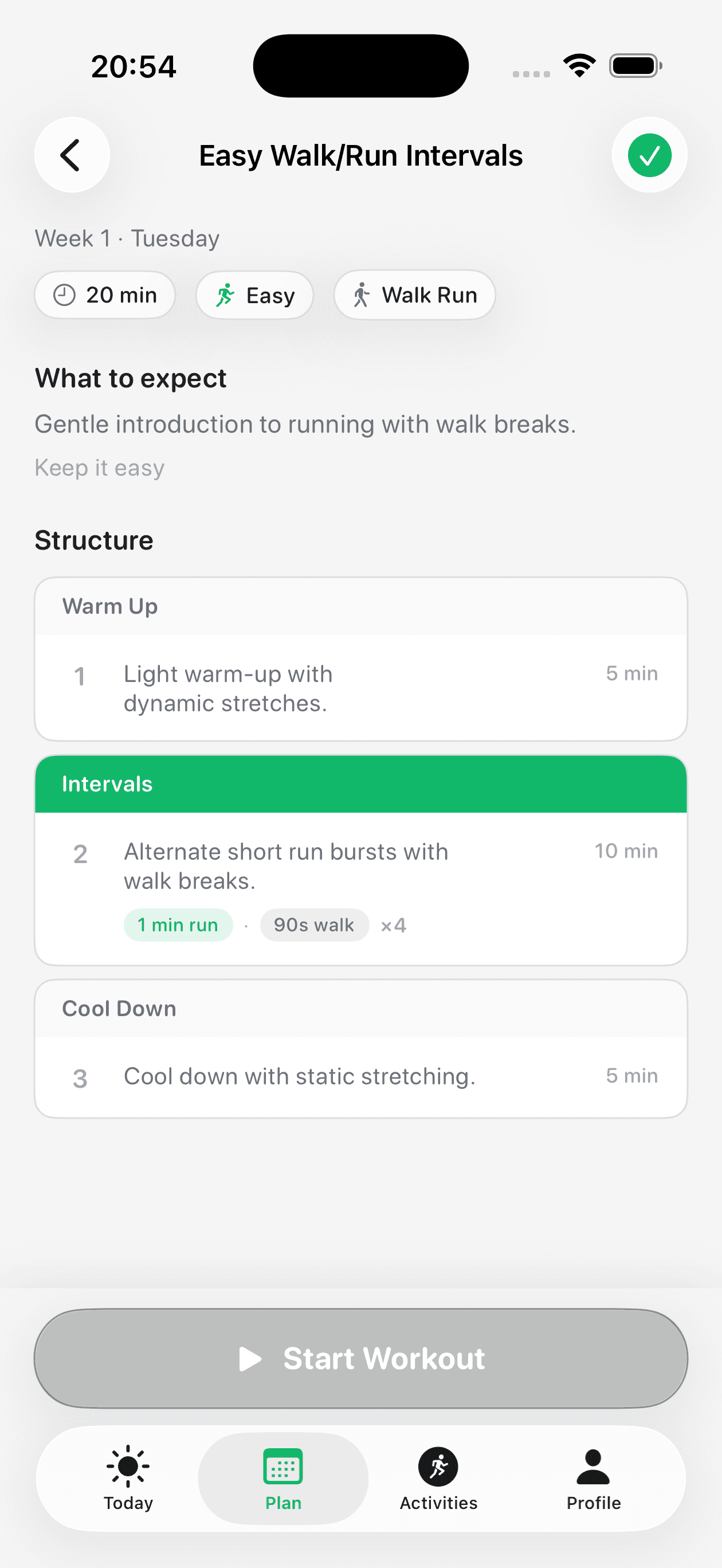 Runetic workout detail screen showing interval structure for a beginner walk run session